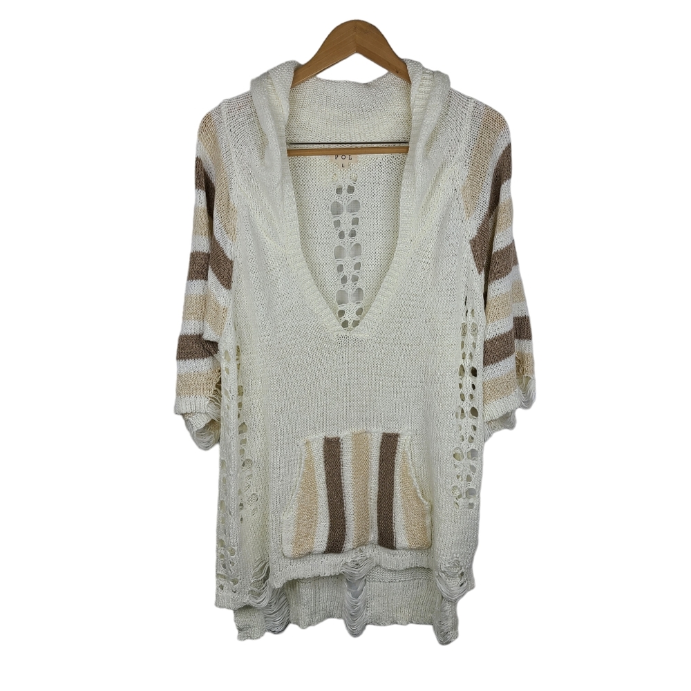POL cream neutral stripes 3/4 sleeves distressed oversized hooded knit sweater
